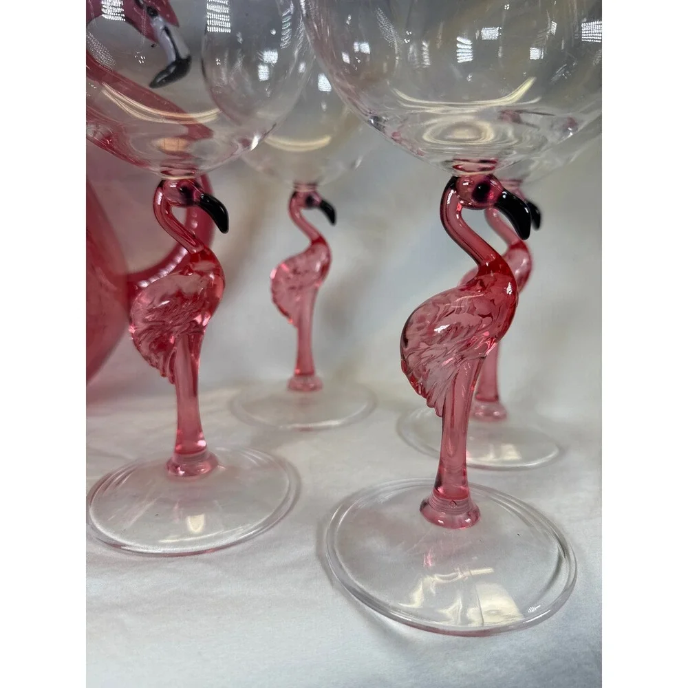 The Spring Shop Pink Flamingo Pitcher and 4 Wine Glasses Acrylic Drinkware Set